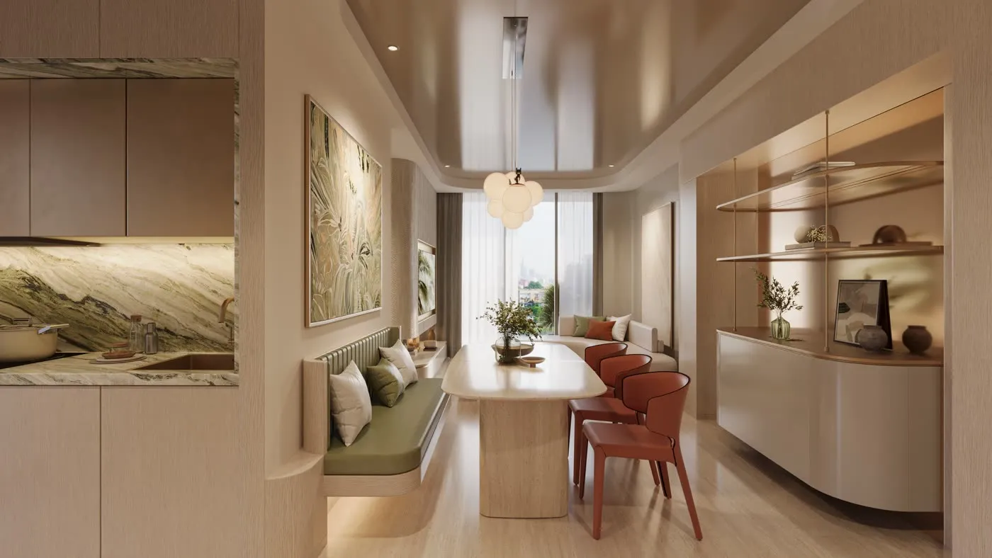 Phối cảnh khu bếp và bàn ăn căn hộ Palm River