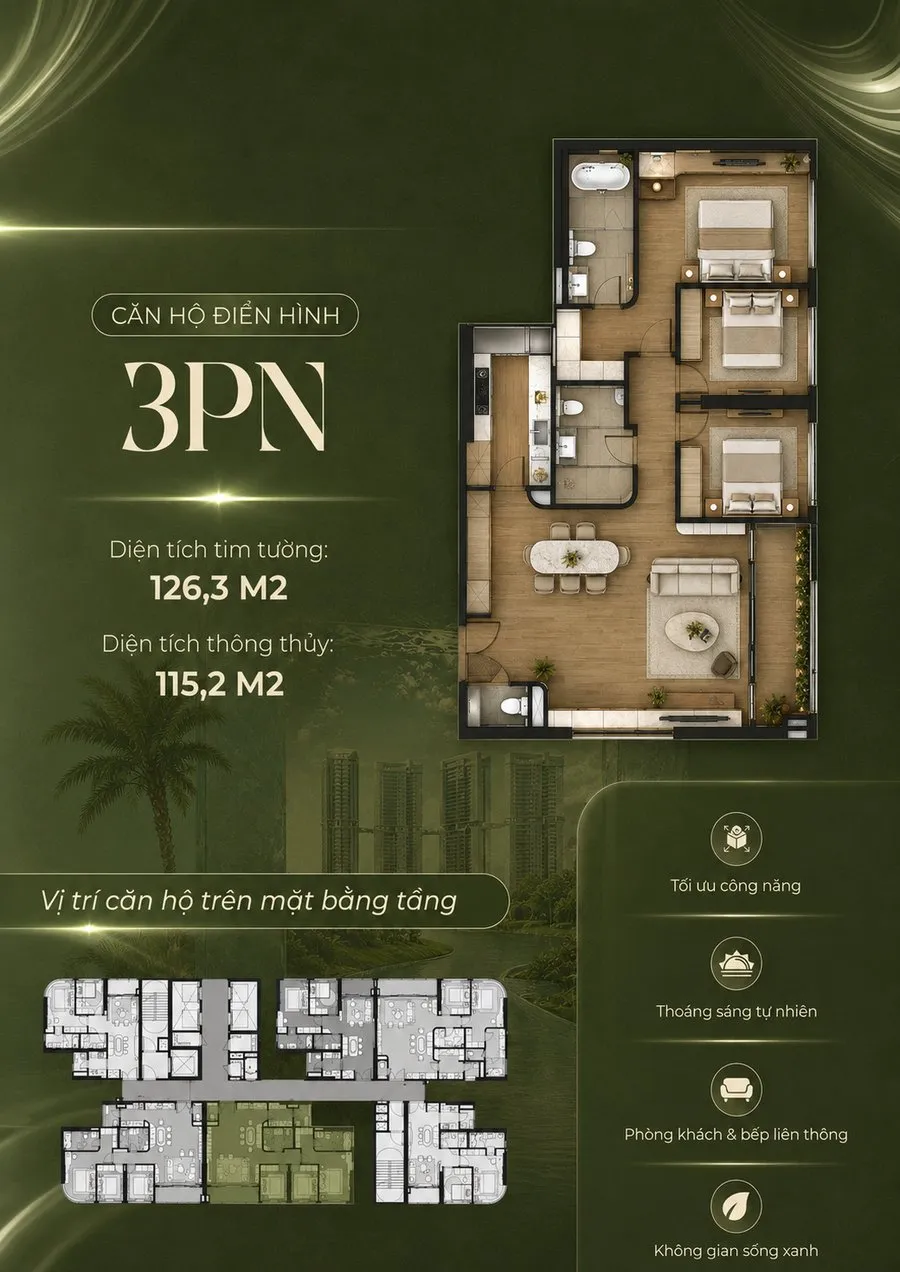 Mặt bằng 3 phòng ngủ Palm River