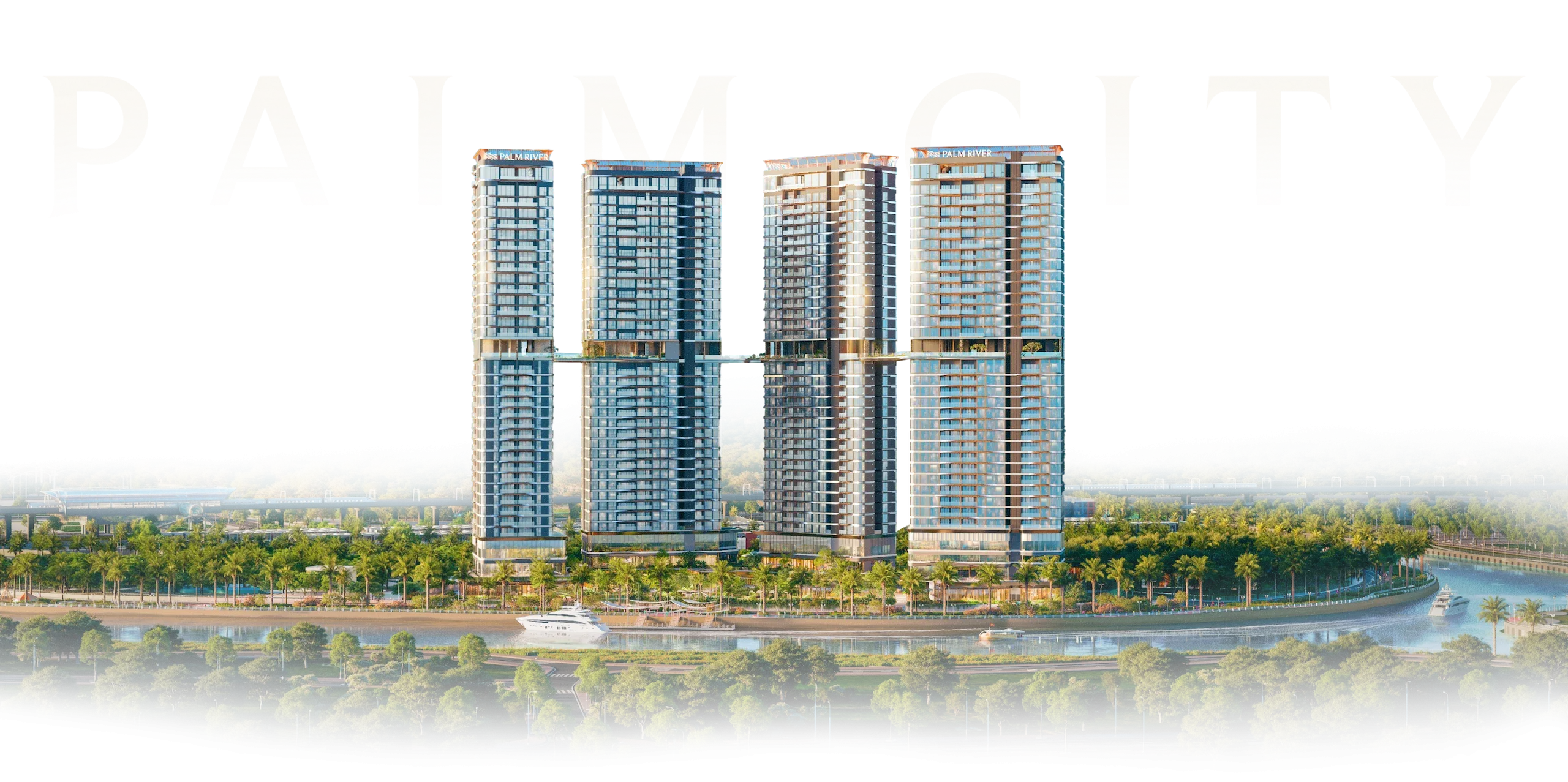 Phối cảnh các tòa tháp Palm River bên sông trong khu đô thị Palm City